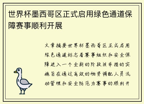 世界杯墨西哥区正式启用绿色通道保障赛事顺利开展